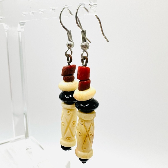 Carved Bead Long Dangle Earrings Rustic Boho Tribal Textured Hook Ear Wires - Picture 2 of 4